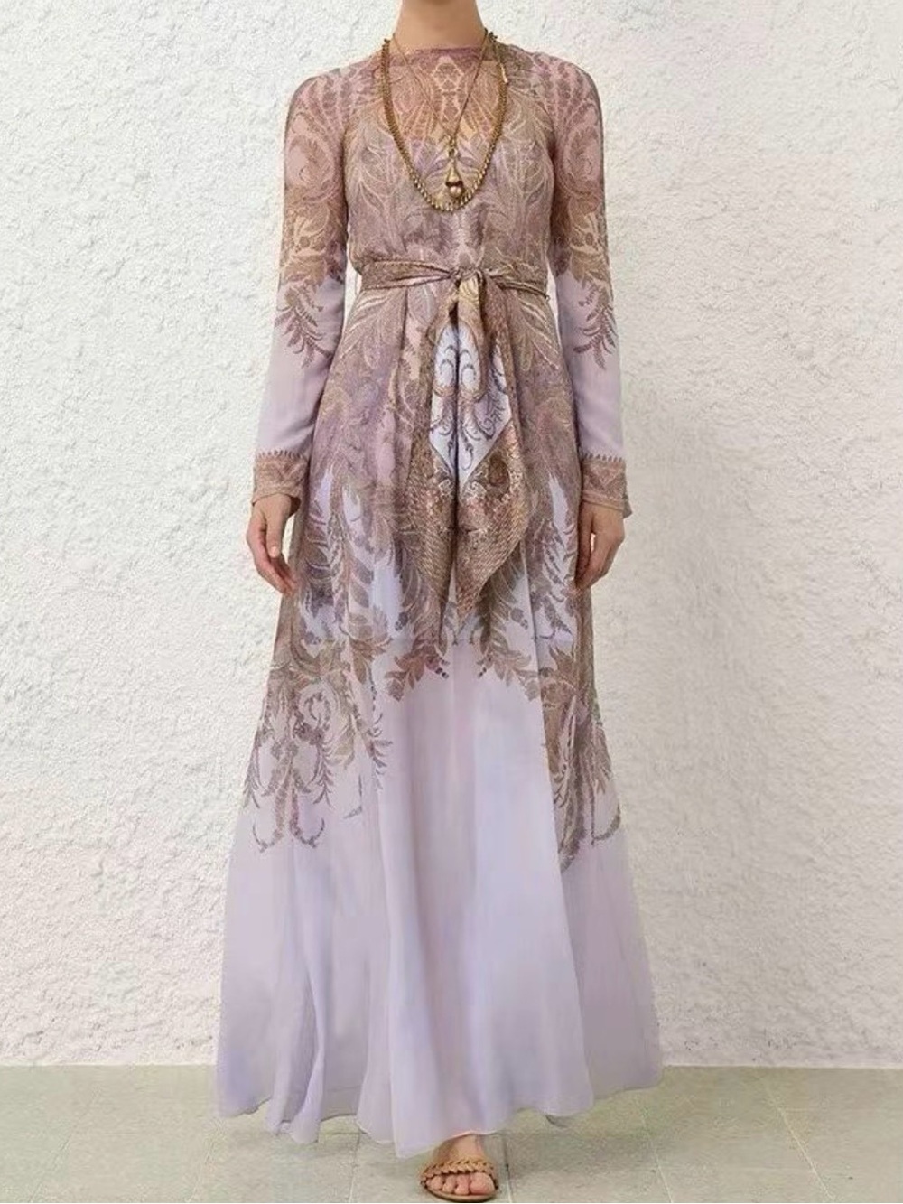 AZALIA  Lace-Embroidered Long Sleeve Maxi Dress in Lavender and Beige